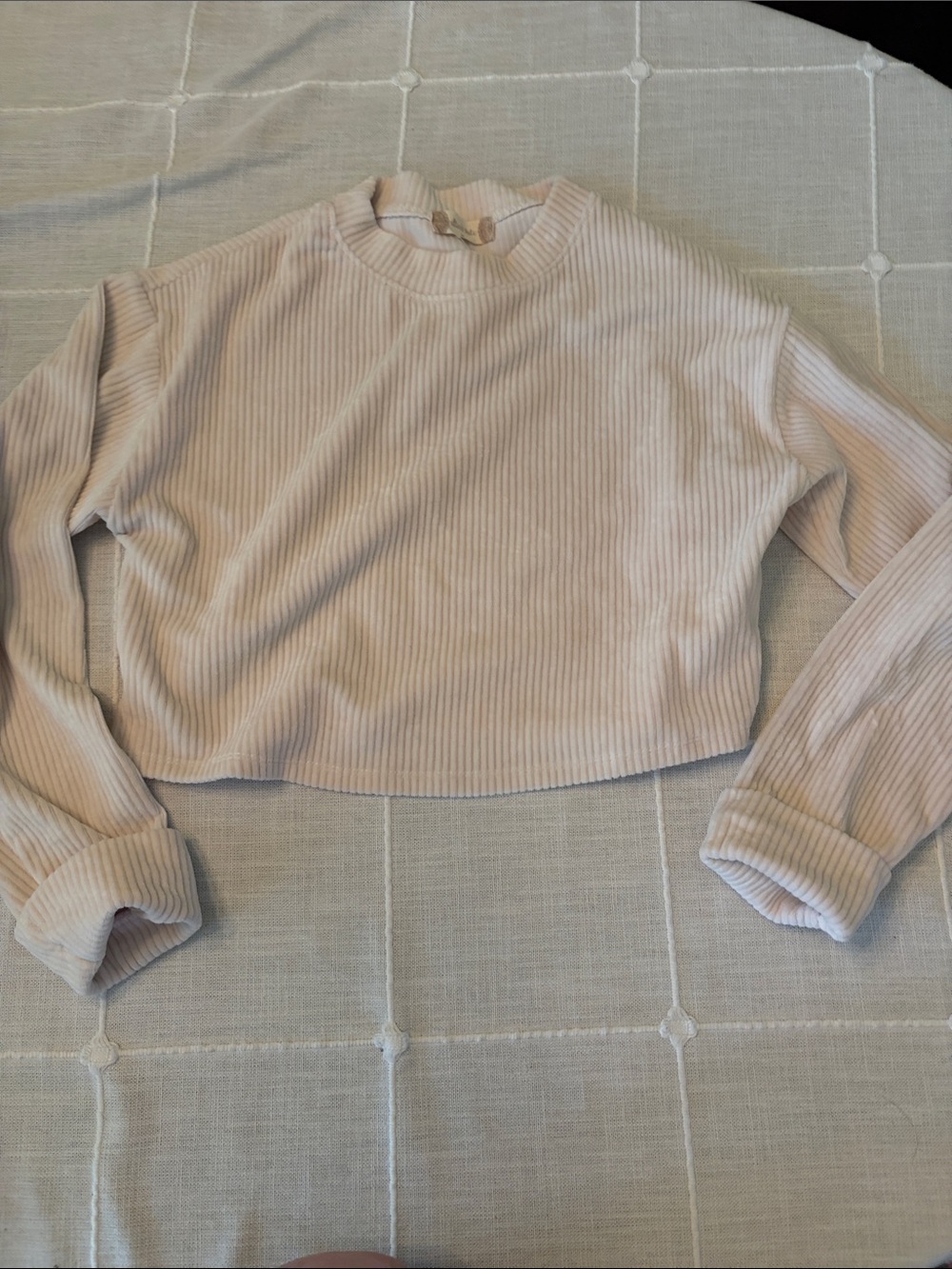 Cropped Ribbed Long-Sleeve Top in Light Beige